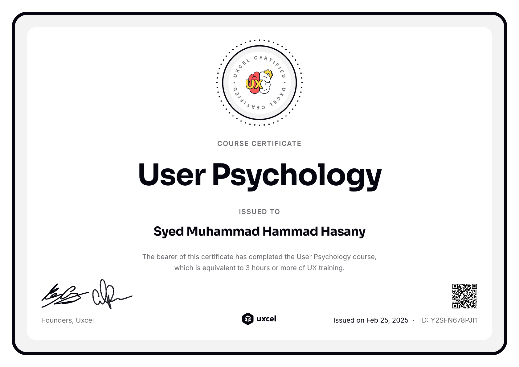 Syed Muhammad Hammad Hasany's certificate